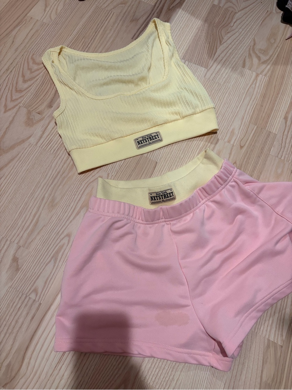 NYXSTREET Yellow Ribbed Crop Tank & Pink Athletic Shorts Set